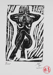 nude pose - Linocut Block Print- Nude female -Hand Printed